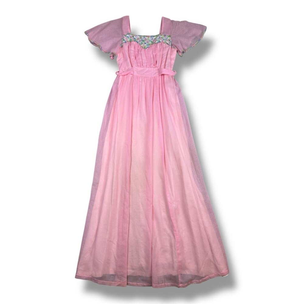 Vtg 70s Girl’s Darling Debs Maxi Dress Pink Flutter Sleeve Ruth Eib 25” W 57” L